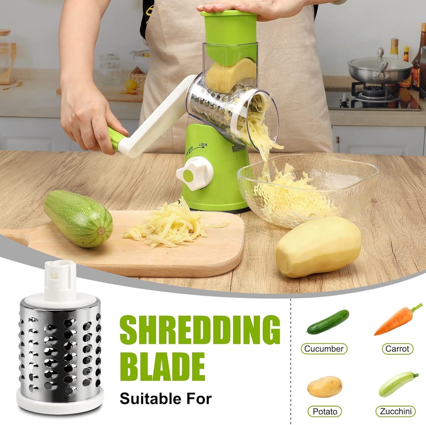 3-in-1 Rotary Cheese & Food Grater – Stainless Steel Manual Slicer