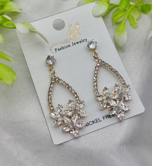 Imported Elegant Crystal Floral Drop Earrings – Nickel Free Earrings – Luxurious Gold Finish | Best Quality Artificial Earrings For Girls & Women