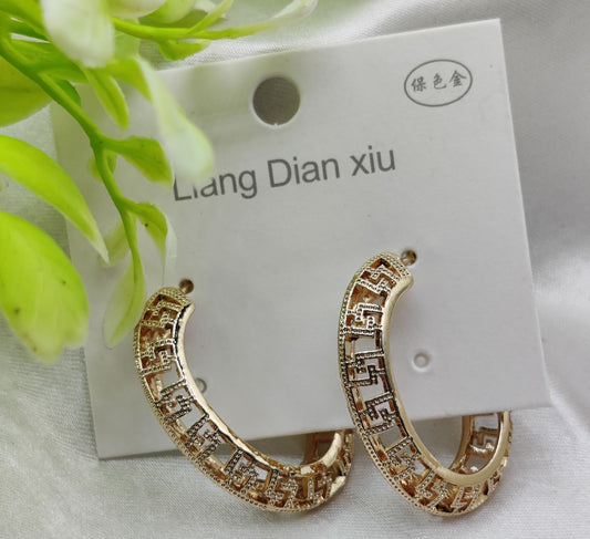 Imported Elegant Geometric Pattern Hoop Earrings – Luxurious Gold Finish | Best Quality Artificial Earrings For Girls & Women