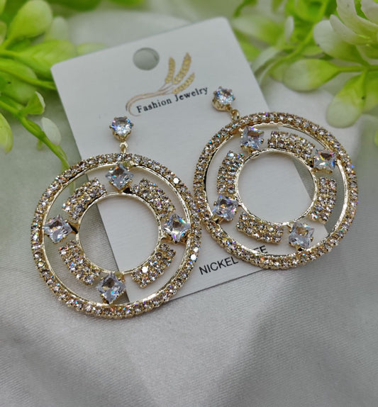 Imported Radiant Crystal Circle Drop Earrings – Elegant Statement Jewelry – Luxurious Gold Finish | Best Quality Artificial Earrings For Girls & Women