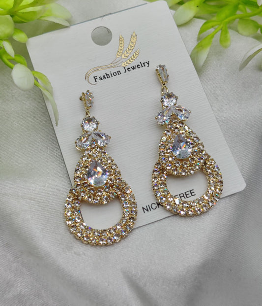 Imported Glamorous Crystal-studded Teardrop Earrings – Nickel Free Earrings – Luxurious Gold Finish | Best Quality Artificial Earrings For Girls & Women