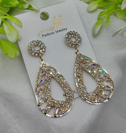 Imported Sparkling Teardrop Crystal Earrings – Elegant Statement Jewelry – Luxurious Gold Finish | Best Quality Artificial Earrings For Girls & Women